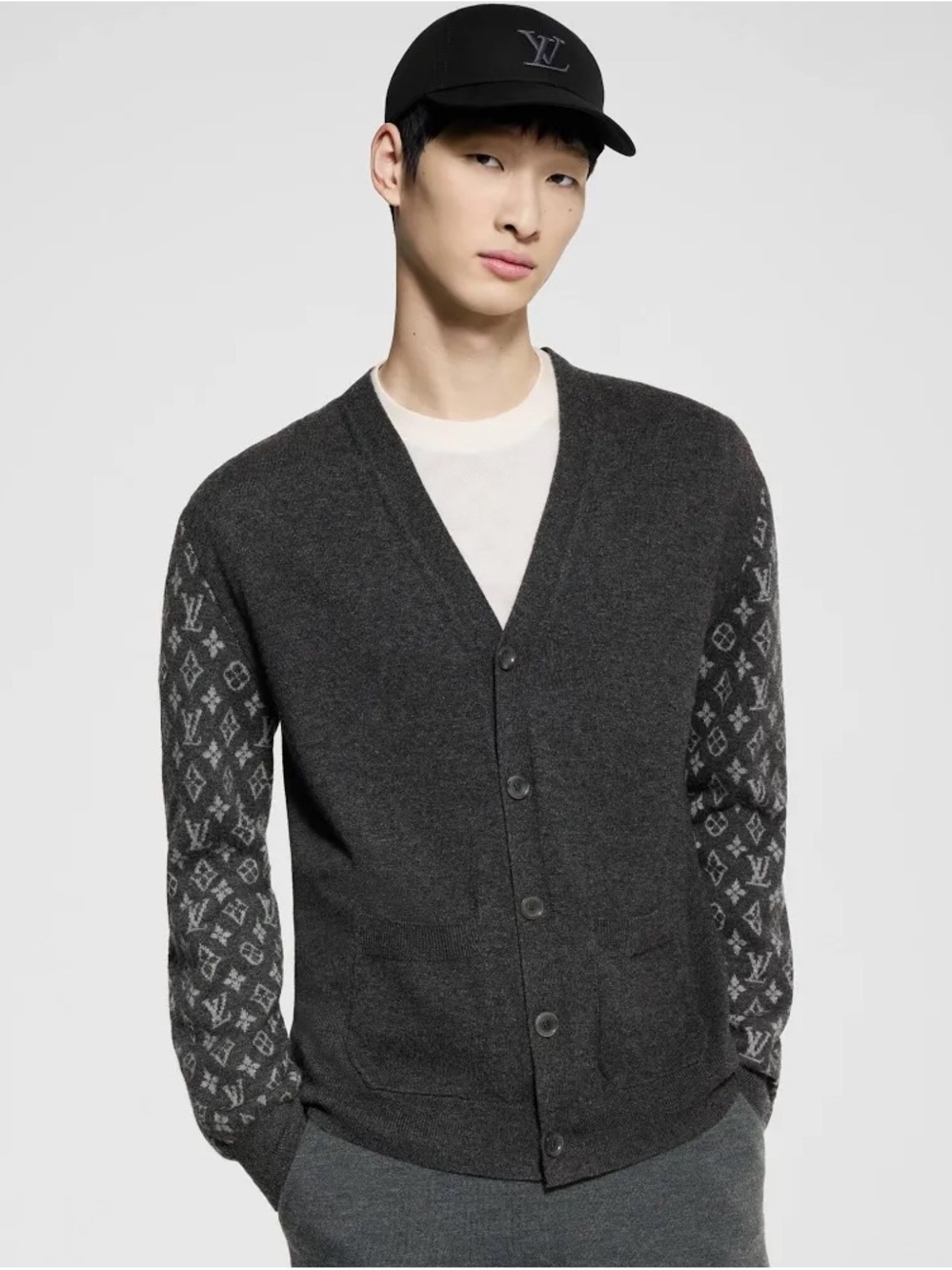 Louis Vuitton Charcoal Grey Monogram-Sleeve V-Neck Cardigan Unisex